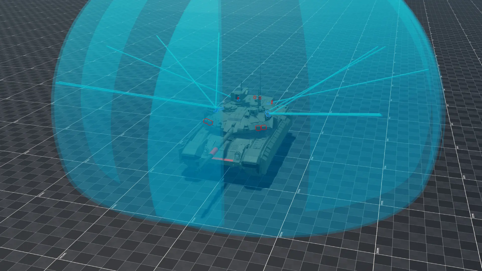 A T-90M with its Arena-M coverage drawn as a blue dome, the launchers outlined in blue and the radars in red