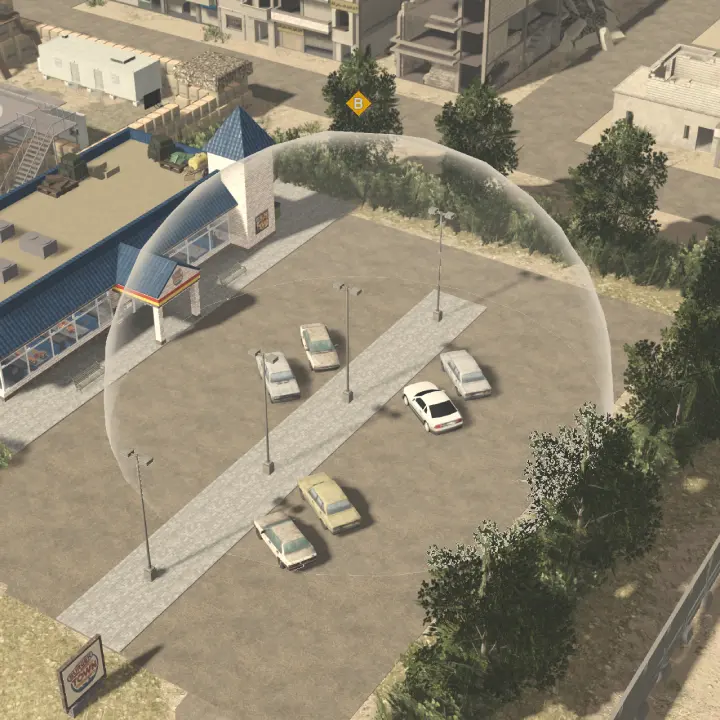 A transparent dome over a car park marks the capture zone of point B