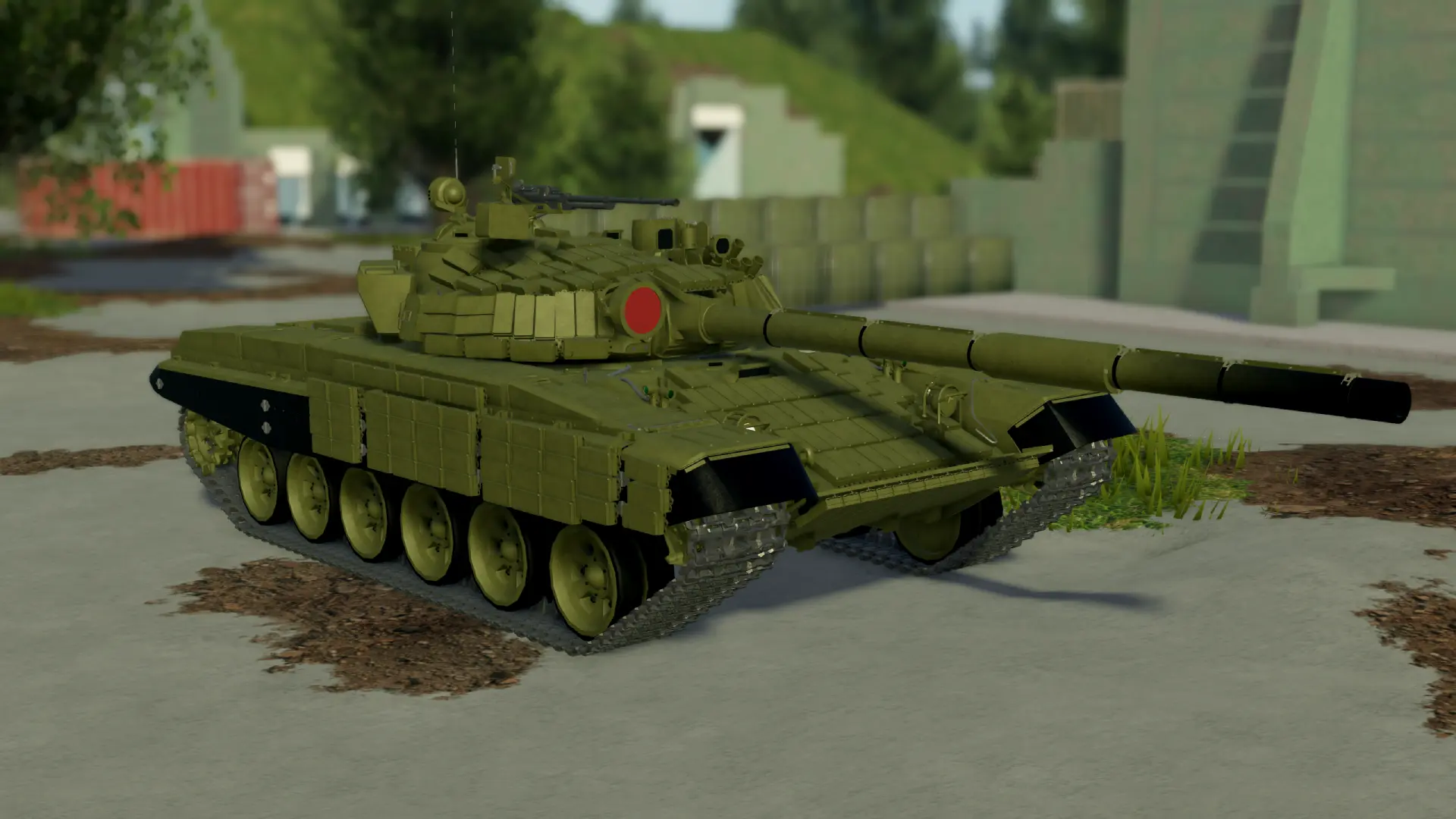 A T-72B covered in Kontakt-1 bricks on the turret, the hull front and the side skirts