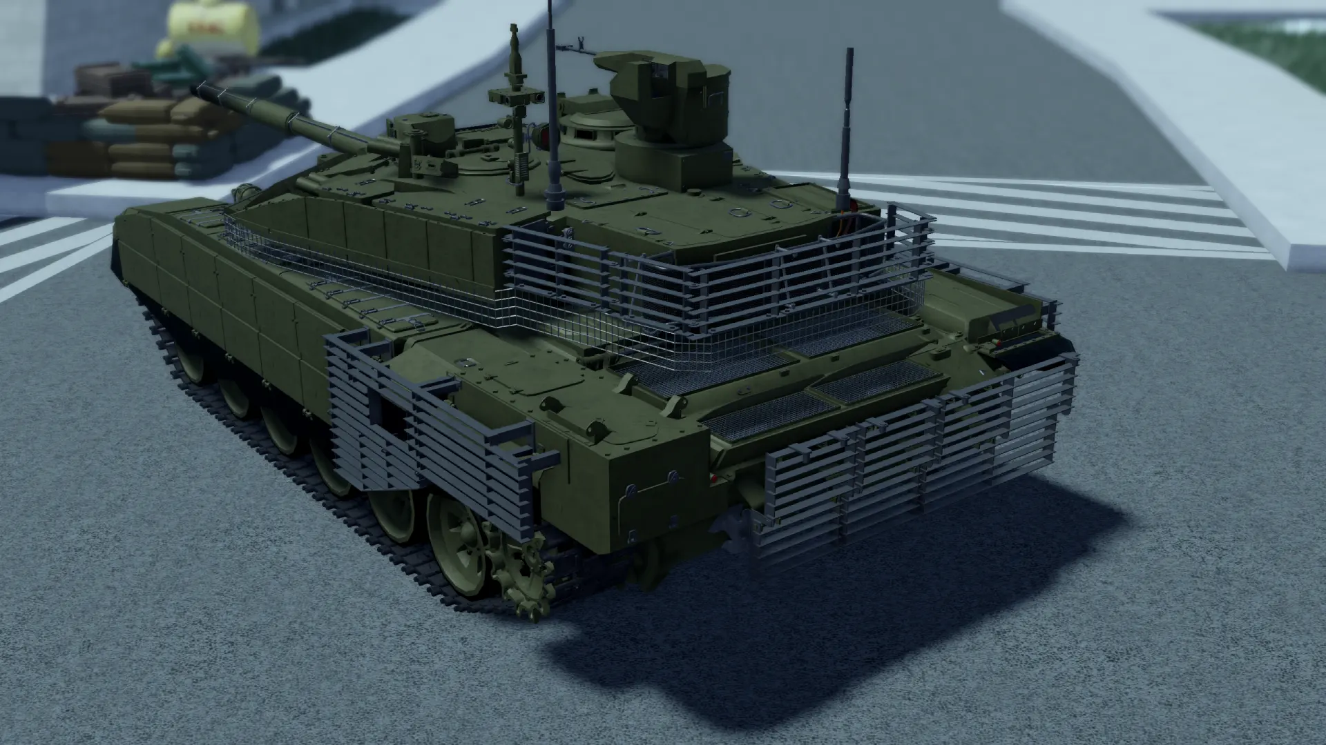 A T-90M seen from behind, with slat armour around the rear of the turret and the rear of the hull
